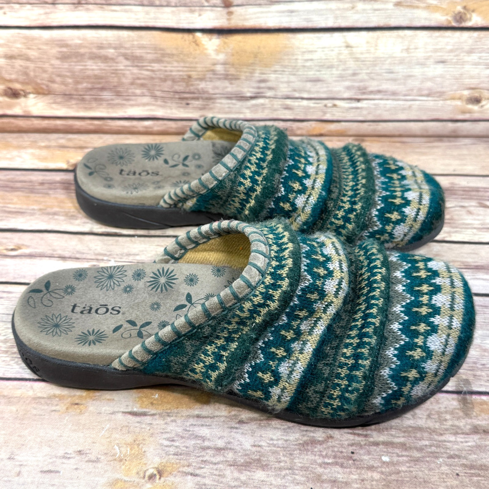 Taos Womens Wooly Green Nordic Fair Isle Slop On Mule Clog Comfort Shoes 8 - Picture 2 of 7